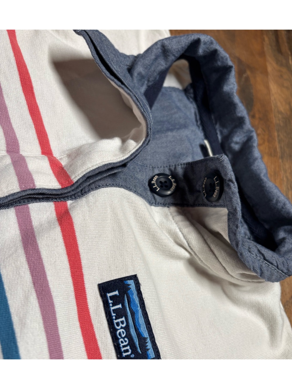 L.L. Bean Short Sleeve Striped Tee in White with Pink & Red Stripes